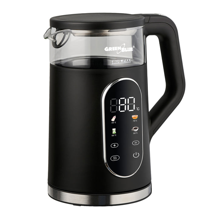 GreenBlue trådlös vattenkokare, volym 1,7 l, vattenbehållare i glas, tydlig display, temperaturval, 2200 W, GB670 B