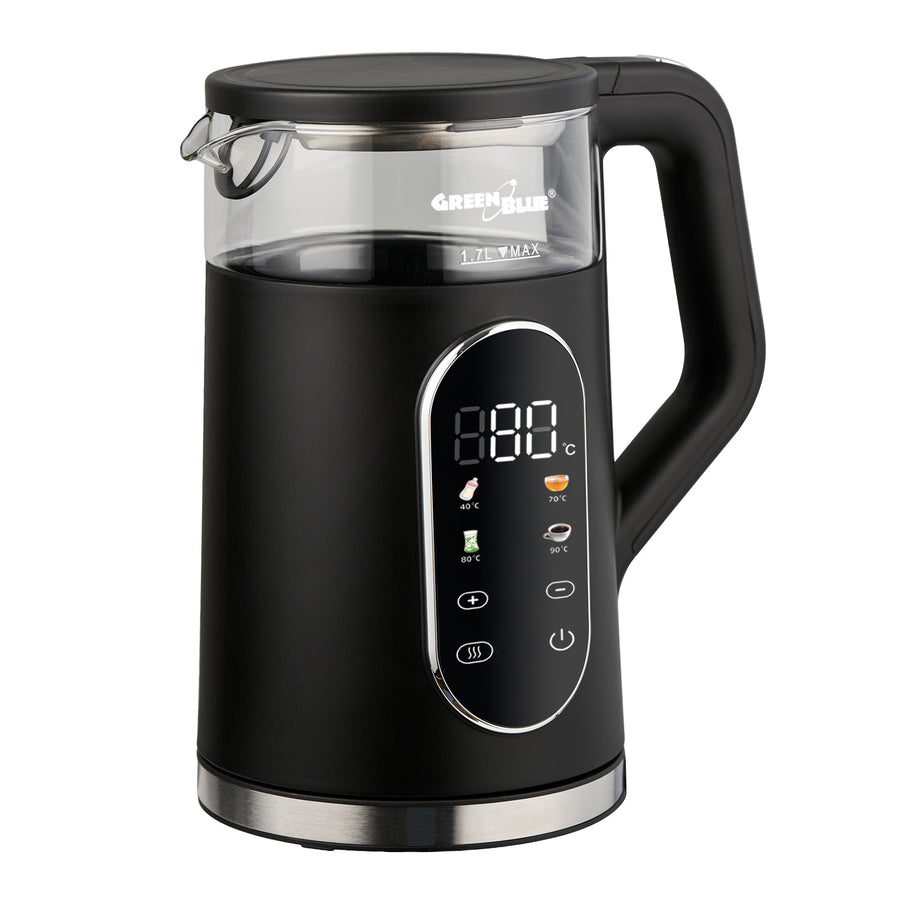 GreenBlue trådlös vattenkokare, volym 1,7 l, vattenbehållare i glas, tydlig display, temperaturval, 2200 W, GB670 B