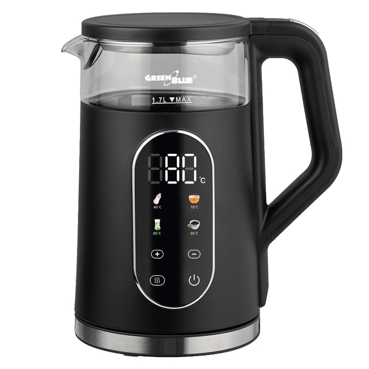 GreenBlue trådlös vattenkokare, volym 1,7 l, vattenbehållare i glas, tydlig display, temperaturval, 2200 W, GB670 B