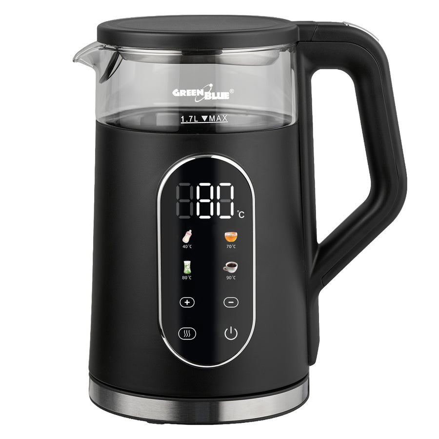 GreenBlue trådlös vattenkokare, volym 1,7 l, vattenbehållare i glas, tydlig display, temperaturval, 2200 W, GB670 B