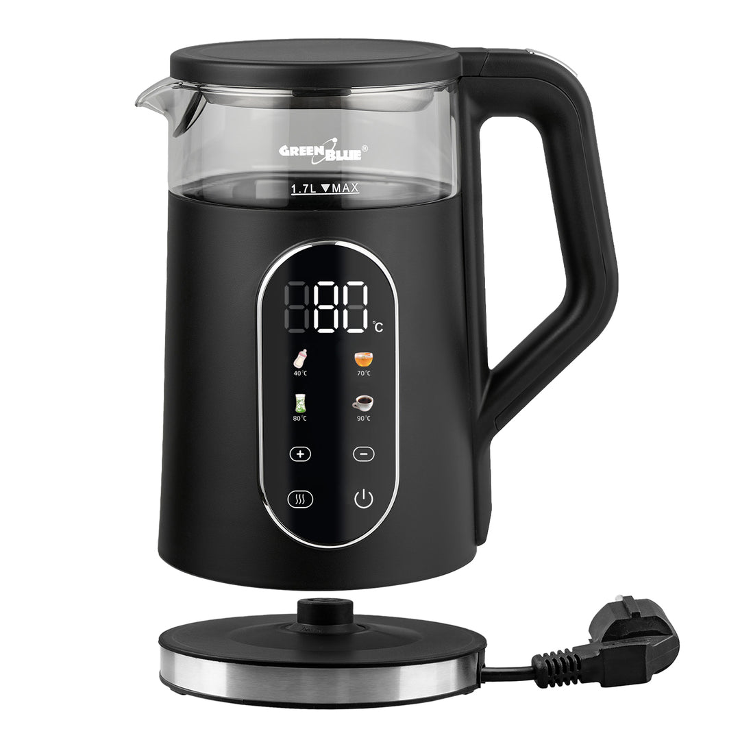 GreenBlue trådlös vattenkokare, volym 1,7 l, vattenbehållare i glas, tydlig display, temperaturval, 2200 W, GB670 B