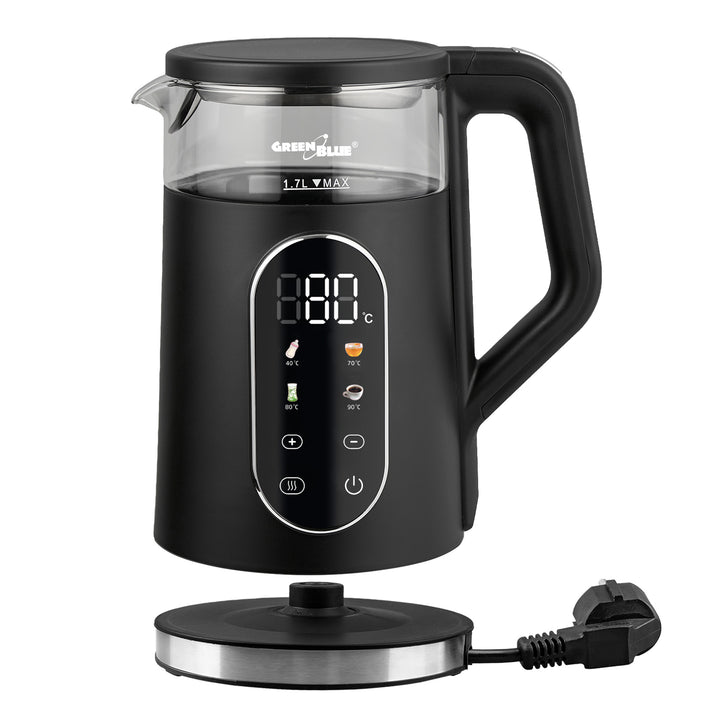 GreenBlue trådlös vattenkokare, volym 1,7 l, vattenbehållare i glas, tydlig display, temperaturval, 2200 W, GB670 B