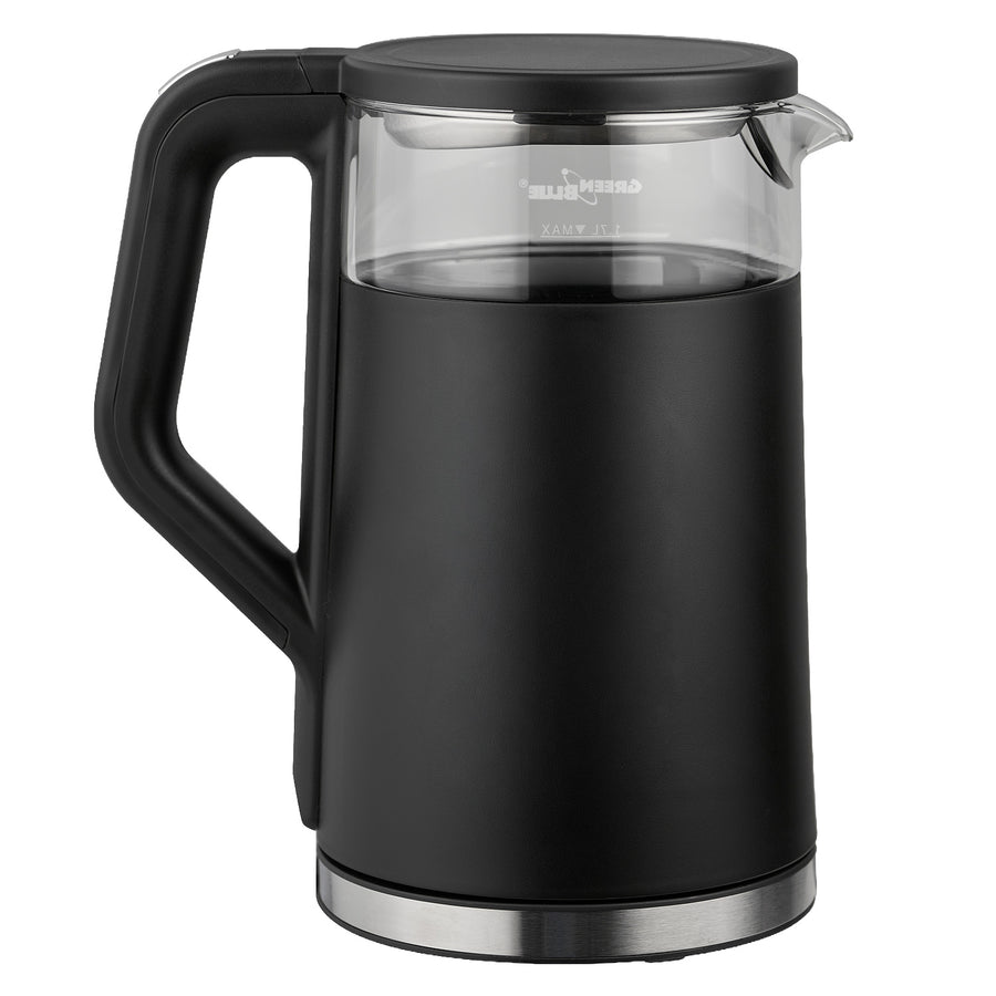 GreenBlue trådlös vattenkokare, volym 1,7 l, vattenbehållare i glas, tydlig display, temperaturval, 2200 W, GB670 B