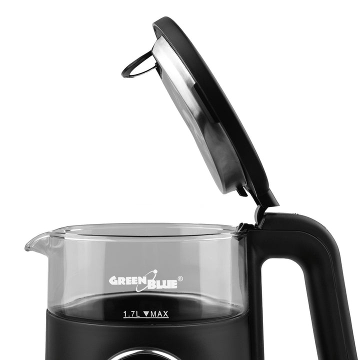 GreenBlue trådlös vattenkokare, volym 1,7 l, vattenbehållare i glas, tydlig display, temperaturval, 2200 W, GB670 B