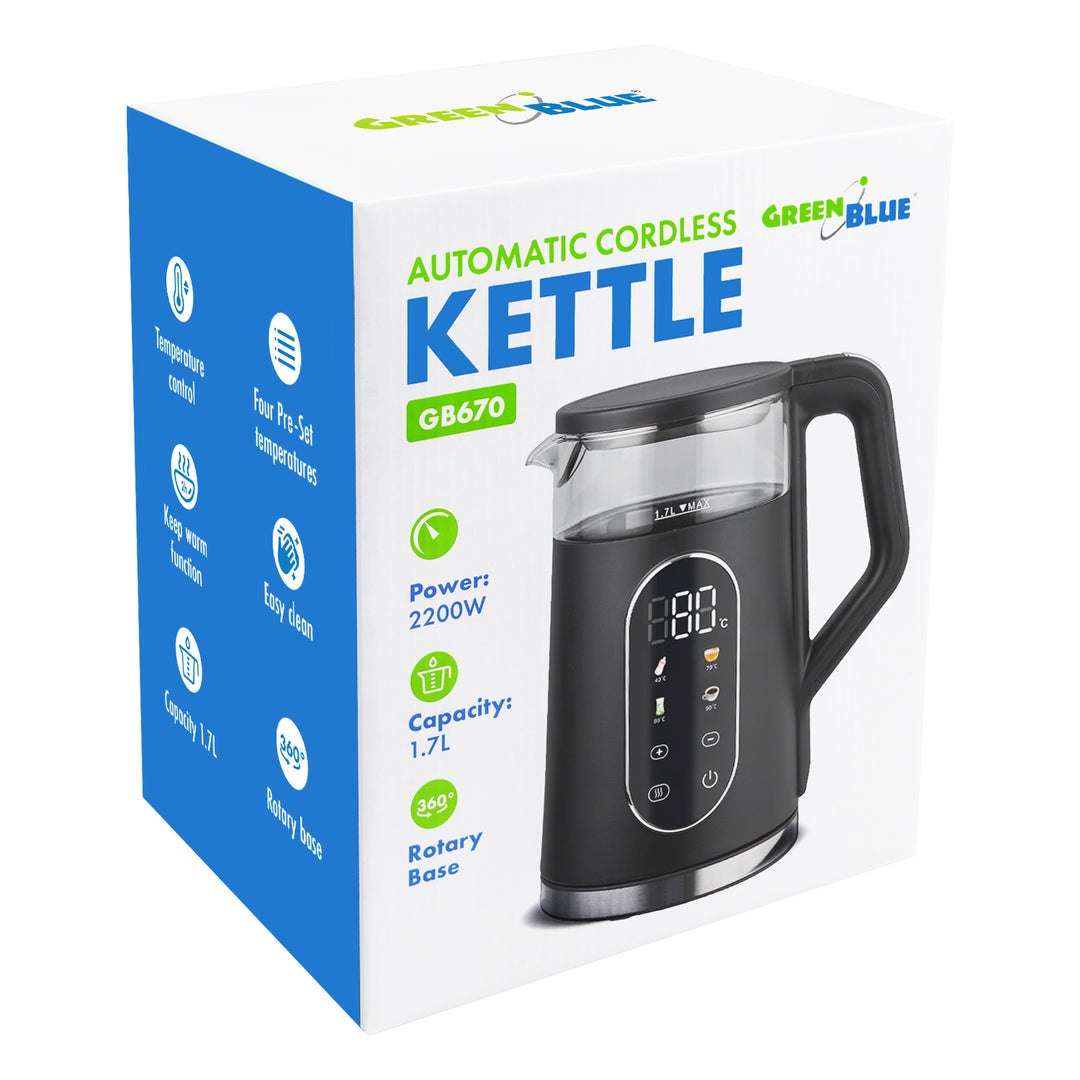 GreenBlue trådlös vattenkokare, volym 1,7 l, vattenbehållare i glas, tydlig display, temperaturval, 2200 W, GB670 B