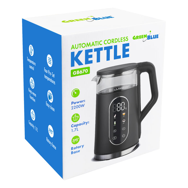 GreenBlue trådlös vattenkokare, volym 1,7 l, vattenbehållare i glas, tydlig display, temperaturval, 2200 W, GB670 B