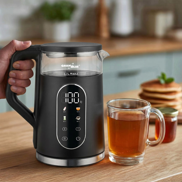 GreenBlue trådlös vattenkokare, volym 1,7 l, vattenbehållare i glas, tydlig display, temperaturval, 2200 W, GB670 B