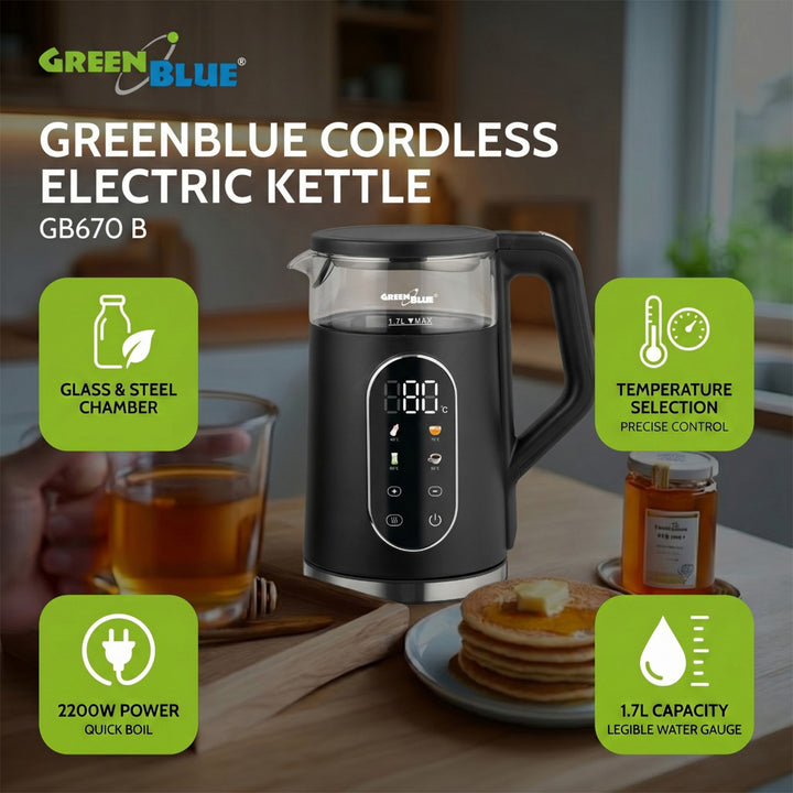 GreenBlue trådlös vattenkokare, volym 1,7 l, vattenbehållare i glas, tydlig display, temperaturval, 2200 W, GB670 B