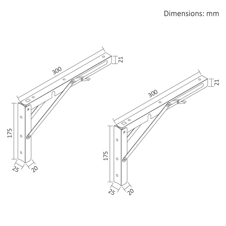 Fällbar fäste för vägghylla Maclean, min. 250 mm, max. 500 mm, max. 50 kg, 2 st., MC-194