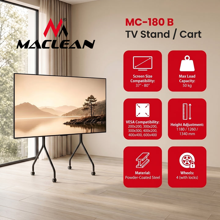 TV-stativ/vagn Maclean, på hjul, 37–80", max. belastning 50 kg, max. VESA 600x400, svart, MC-180 B