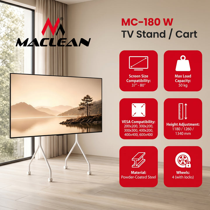 TV-stativ/vagn Maclean, på hjul, 37–80", max. belastning 50 kg, max. VESA 600x400, vit, MC-180 W