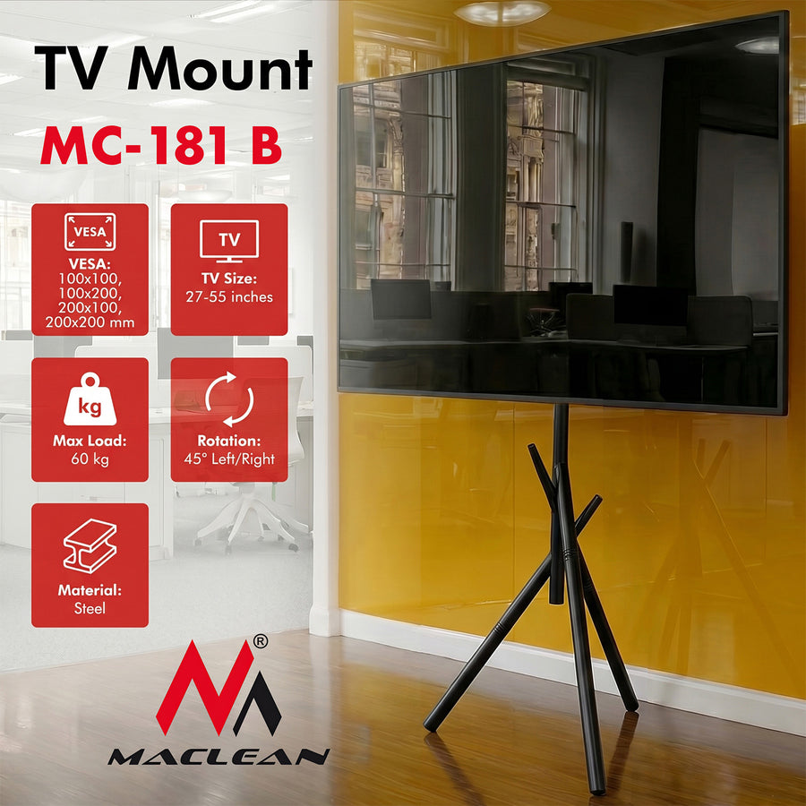 TV-fäste/golvstativ för Maclean, 27–55 tum, max. VESA 200x200, max. 60 kg, MC-181 B