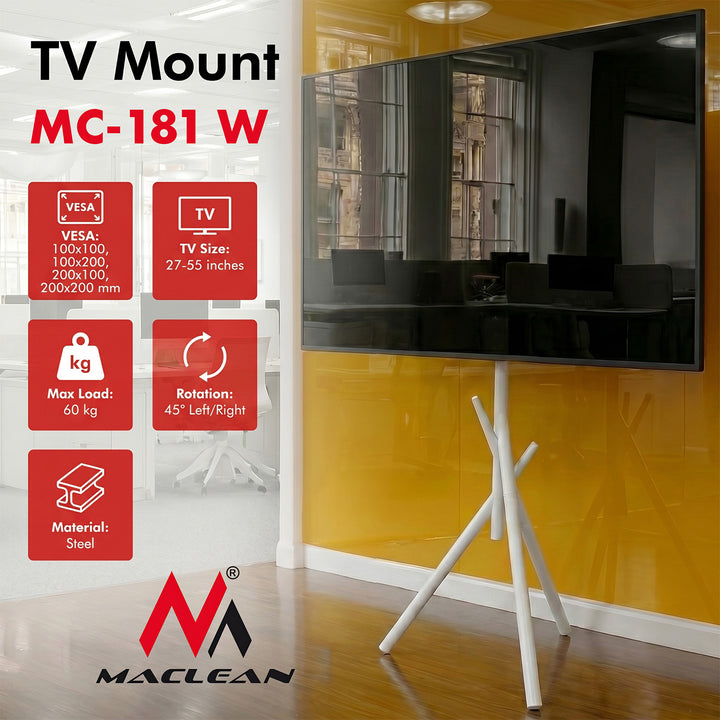Golvfäste/golvstativ för TV Maclean, 27–55 tum, max. VESA 200x200, max. 60 kg, MC-181 W