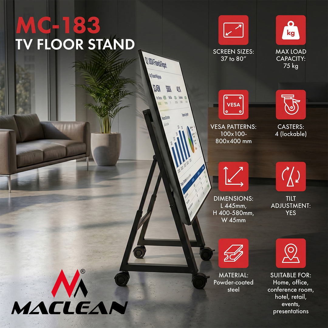 TV-vagn/golvstativ Maclean, 37–80", max. VESA 800x400, max. 75 kg, flyttbar, hjullås, MC-183