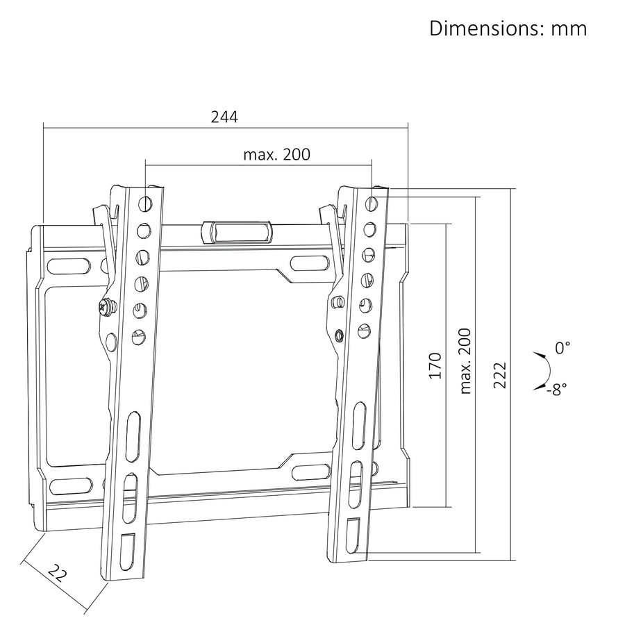 TV-fäste/hängare Maclean, max VESA 200x200, 13–43 tum, upp till 45 kg, svart, lutningsjustering 0°–-8°, MC-186