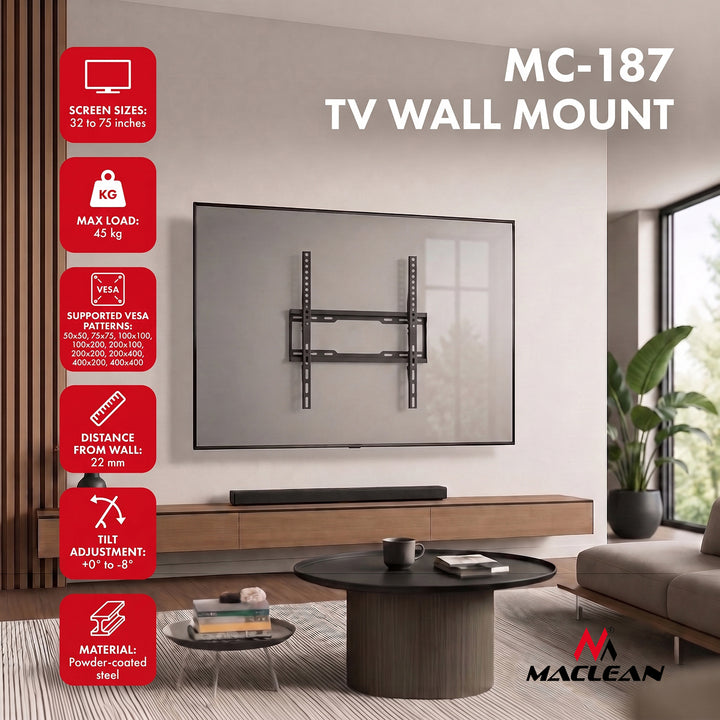 TV-fäste/hängare Maclean, max VESA 400x400, 32–75 tum, upp till 45 kg, svart, lutningsjustering 0°–-8°, MC-187