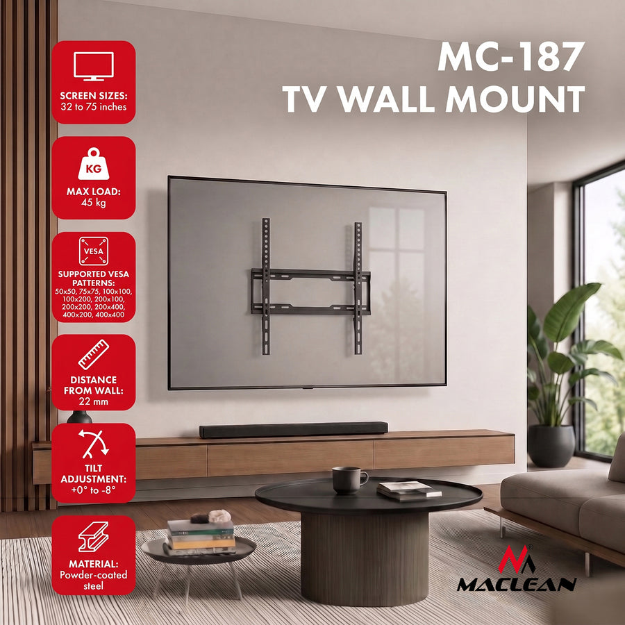 TV-fäste/hängare Maclean, max VESA 400x400, 32–75 tum, upp till 45 kg, svart, lutningsjustering 0°–-8°, MC-187