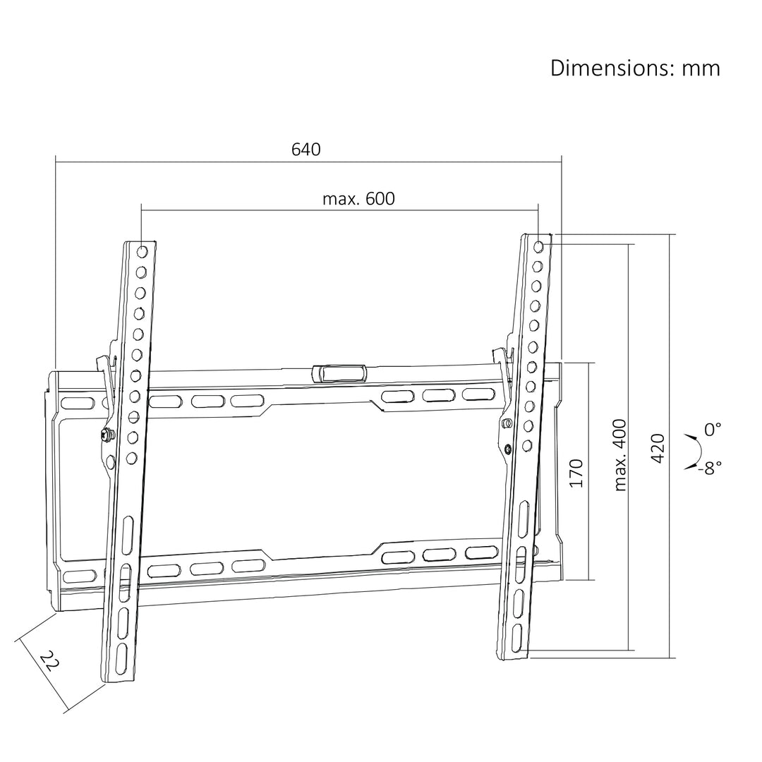 TV-fäste/hängare Maclean, max VESA 600x400, 37–86 tum, upp till 45 kg, svart, lutningsjustering 0°–-8°, MC-188