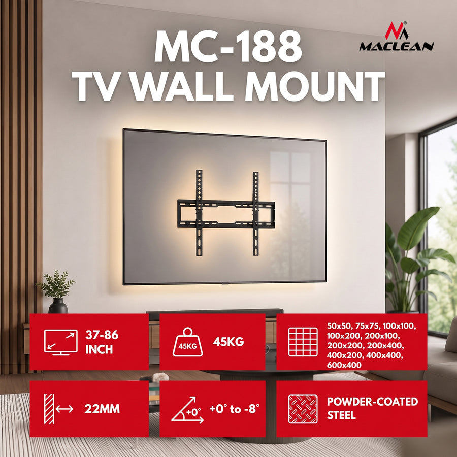 TV-fäste/hängare Maclean, max VESA 600x400, 37–86 tum, upp till 45 kg, svart, lutningsjustering 0°–-8°, MC-188