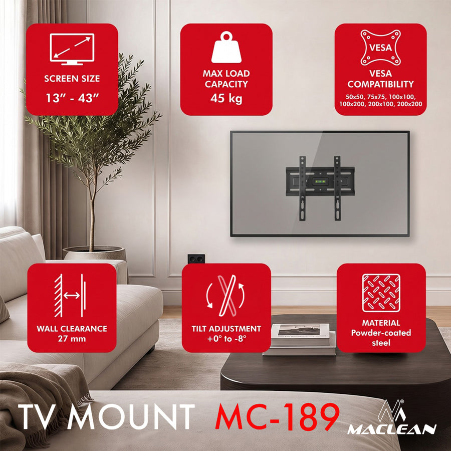 TV-fäste/hängare Maclean, max VESA 200x200, 13–43 tum, upp till 45 kg, svart, lutningsjustering +2°–-10°, MC-189