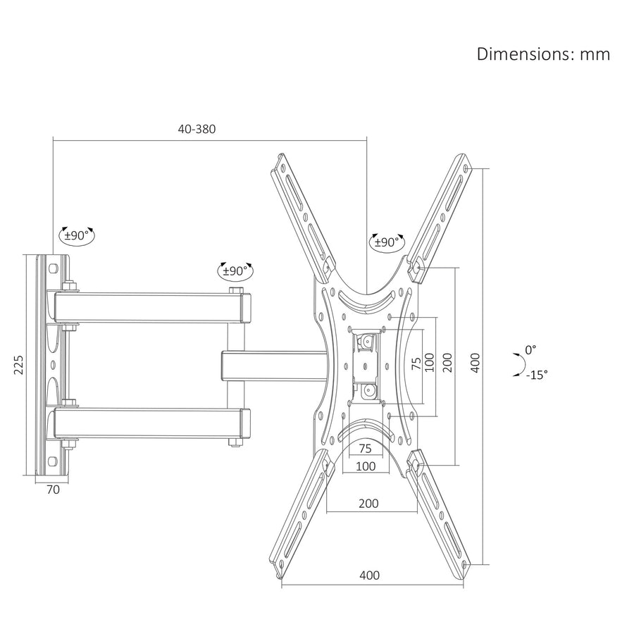 TV-fäste/hängare Maclean, max VESA 400x400, 32–55 tum, upp till 25 kg, svart, lutningsjustering 0°–-15° och vridning +90°–-90°, MC-190