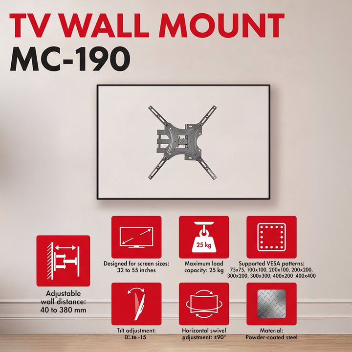 TV-fäste/hängare Maclean, max VESA 400x400, 32–55 tum, upp till 25 kg, svart, lutningsjustering 0°–-15° och vridning +90°–-90°, MC-190