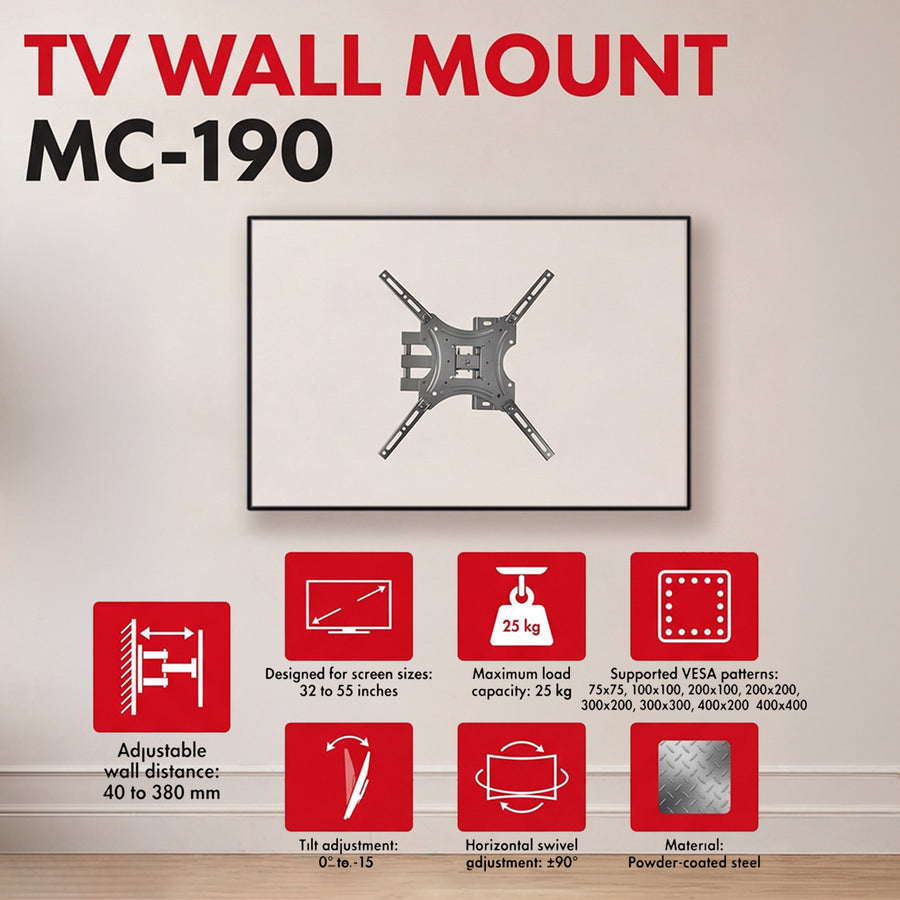 TV-fäste/hängare Maclean, max VESA 400x400, 32–55 tum, upp till 25 kg, svart, lutningsjustering 0°–-15° och vridning +90°–-90°, MC-190