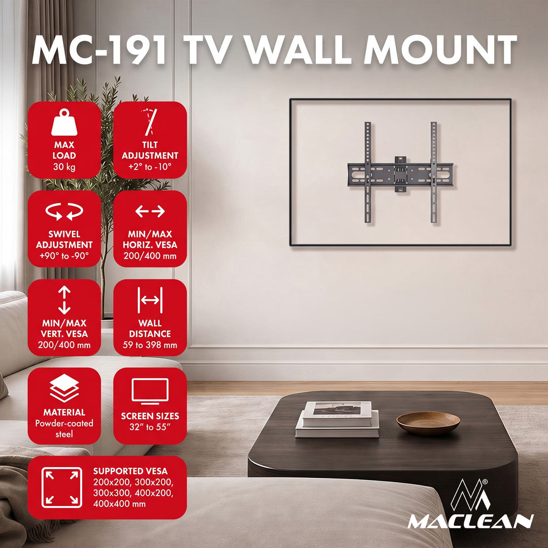 TV-fäste/hängare Maclean, max VESA 400x400, 32–55 tum, upp till 30 kg, svart, lutningsjustering +2°–-10° och vridning +90°–-90°, MC-191
