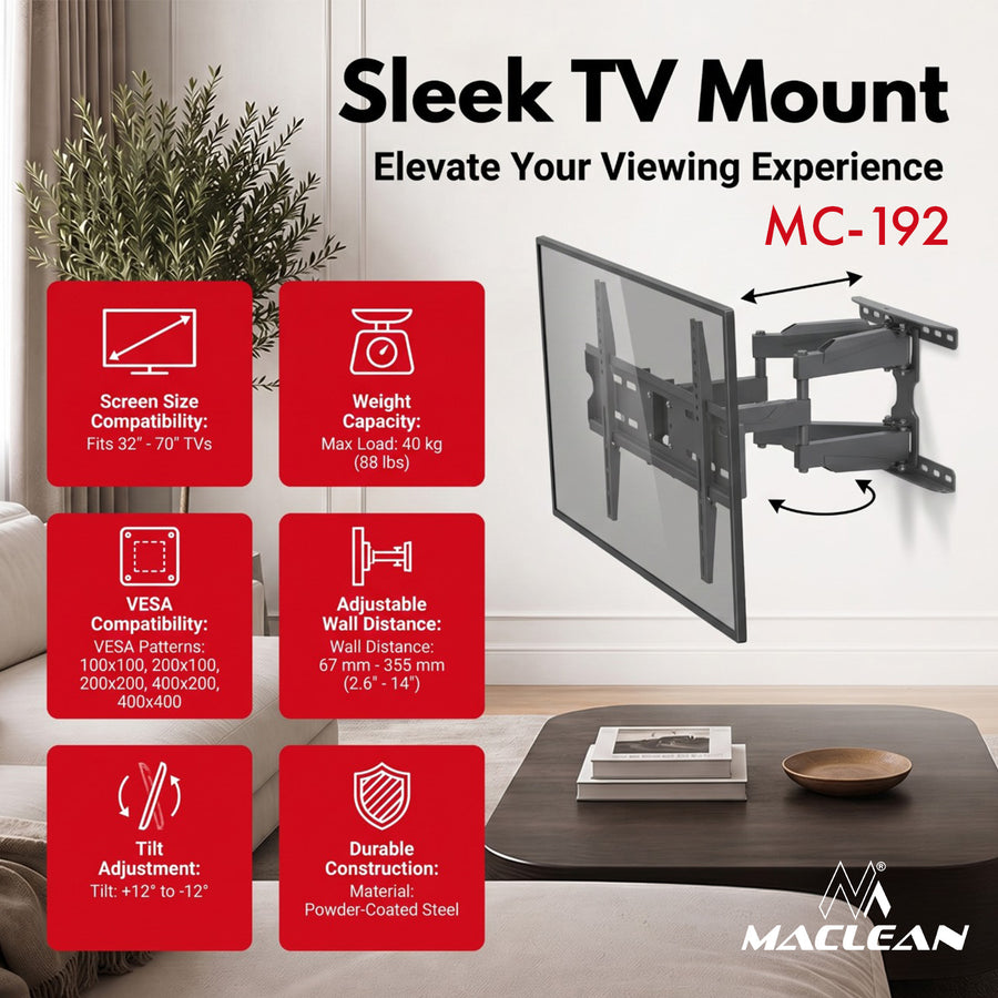 TV-fäste/hängare Maclean, max VESA 400x400, 32–70 tum, upp till 40 kg, svart, lutningsjustering +12°–-12° och vridning +60°–-60°, MC-192