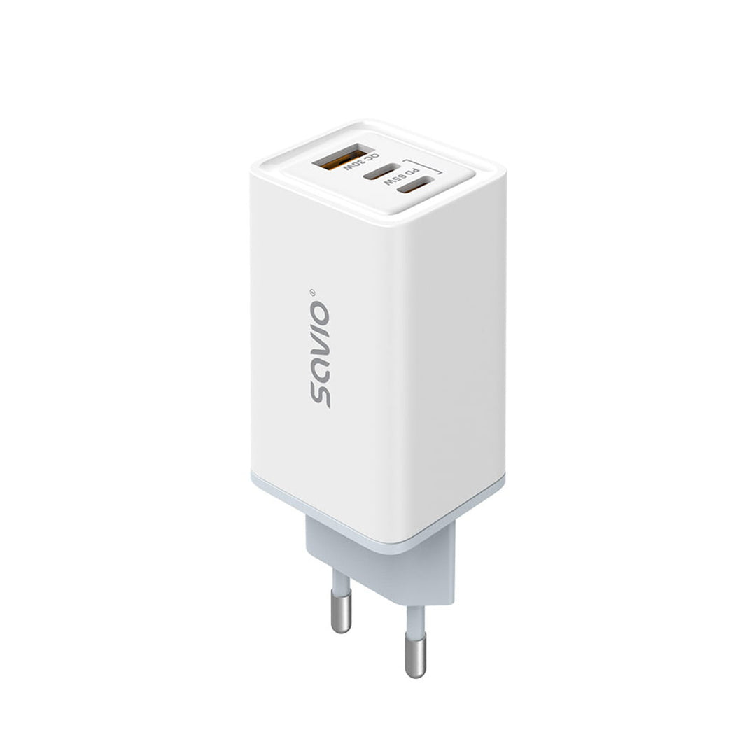 Savio nätladdare, 1x USB-A, 2x USB-C, GaN, 65W, vit, SAVLA-07
