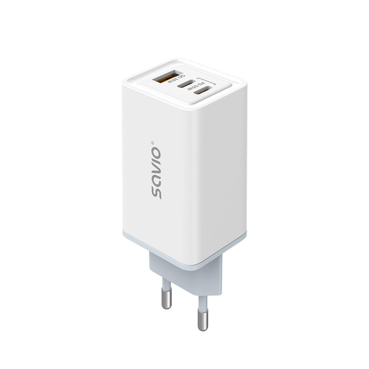 Savio nätladdare, 1x USB-A, 2x USB-C, GaN, 65W, vit, SAVLA-07