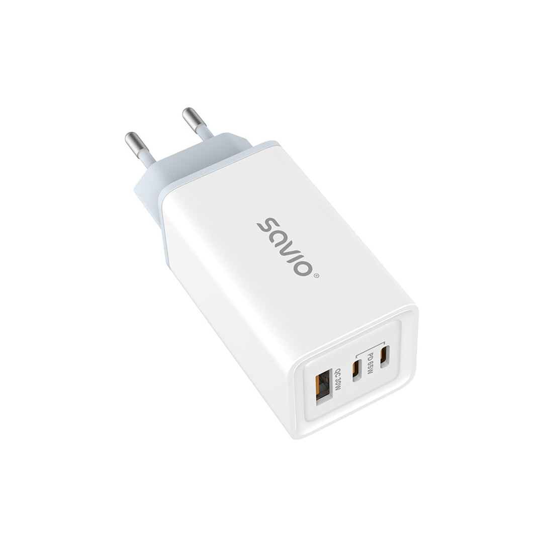 Savio nätladdare, 1x USB-A, 2x USB-C, GaN, 65W, vit, SAVLA-07