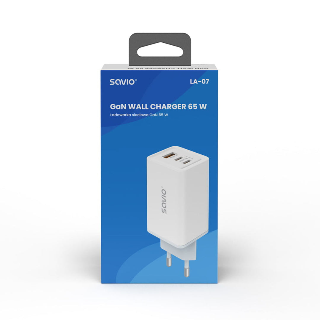 Savio nätladdare, 1x USB-A, 2x USB-C, GaN, 65W, vit, SAVLA-07