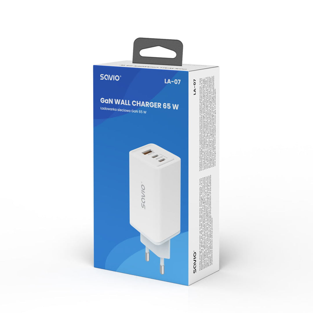 Savio nätladdare, 1x USB-A, 2x USB-C, GaN, 65W, vit, SAVLA-07