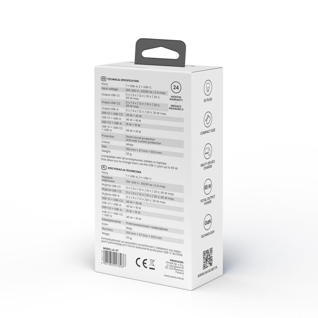 Savio nätladdare, 1x USB-A, 2x USB-C, GaN, 65W, vit, SAVLA-07