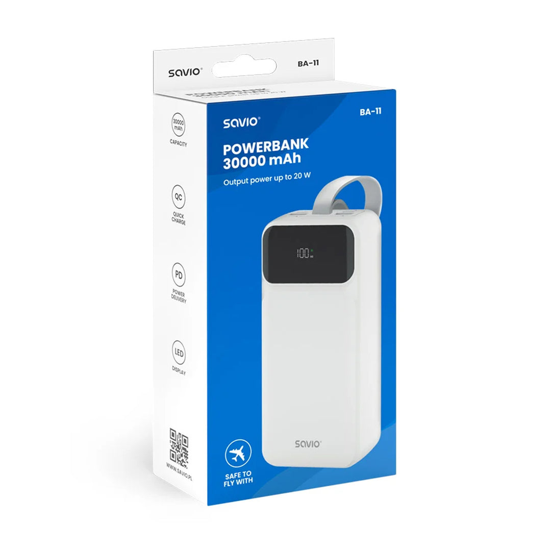 Powerbank SAVIO, 2 portar USB, 1 port USB-C, snabbladdning, strömförsörjning, SAVBA-11