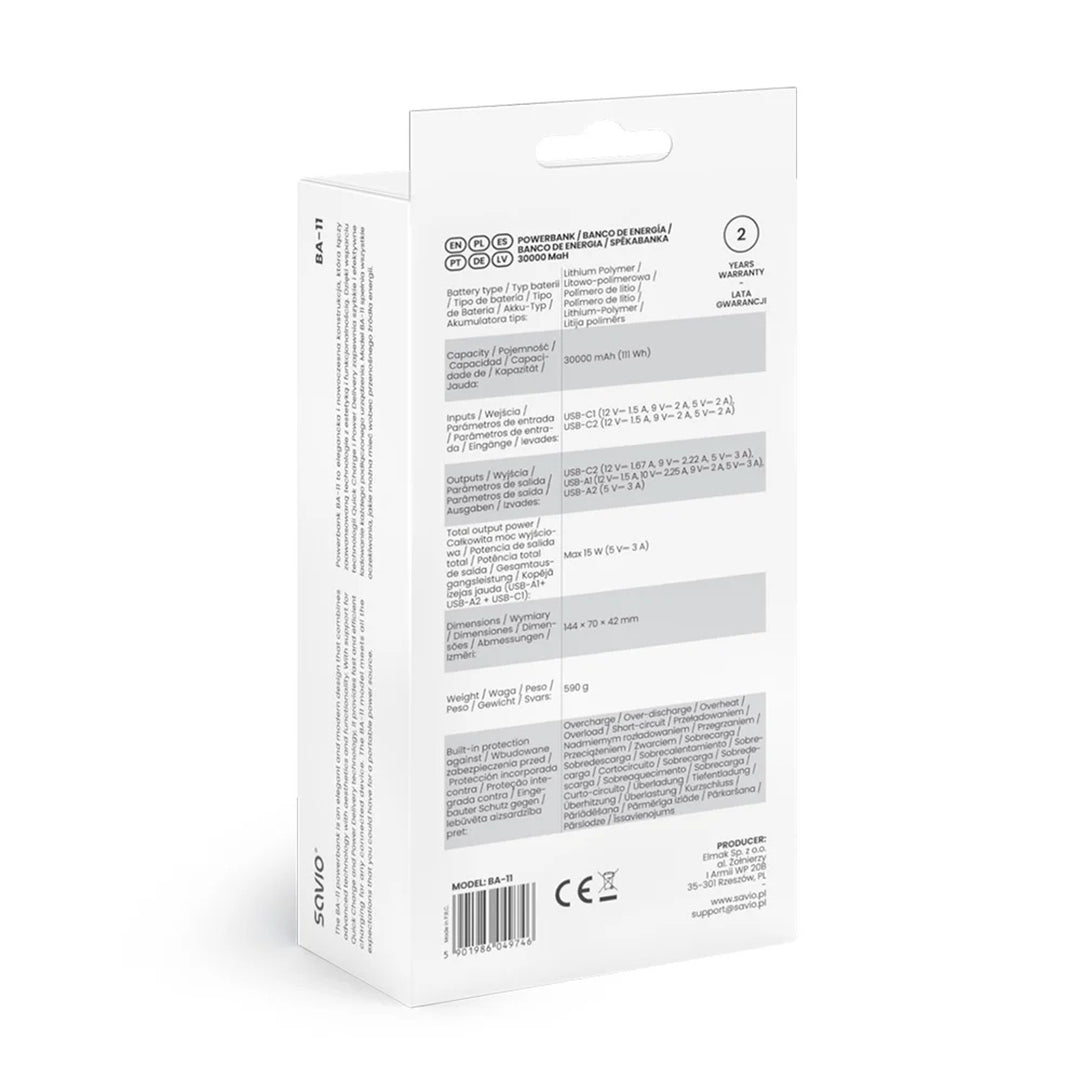 Powerbank SAVIO, 2 portar USB, 1 port USB-C, snabbladdning, strömförsörjning, SAVBA-11