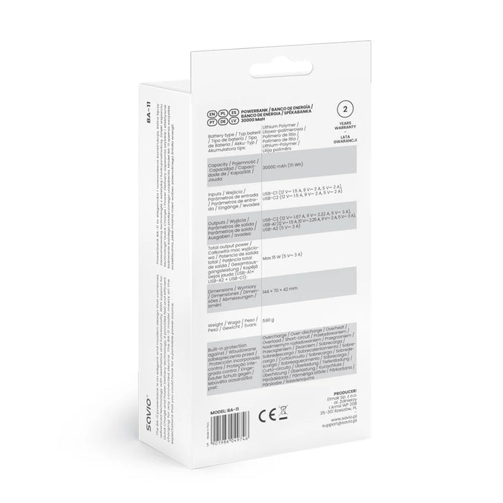 Powerbank SAVIO, 2 portar USB, 1 port USB-C, snabbladdning, strömförsörjning, SAVBA-11