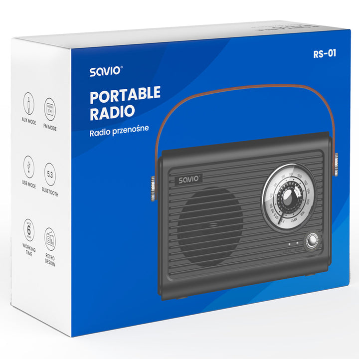 Savio portabel FM-radio, batteridriven, Bluetooth, AUX, SAVRS-01