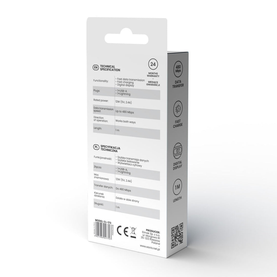 USB till Lightning Savio-kabel, digital display, längd 1m, SAVKABELCL-173