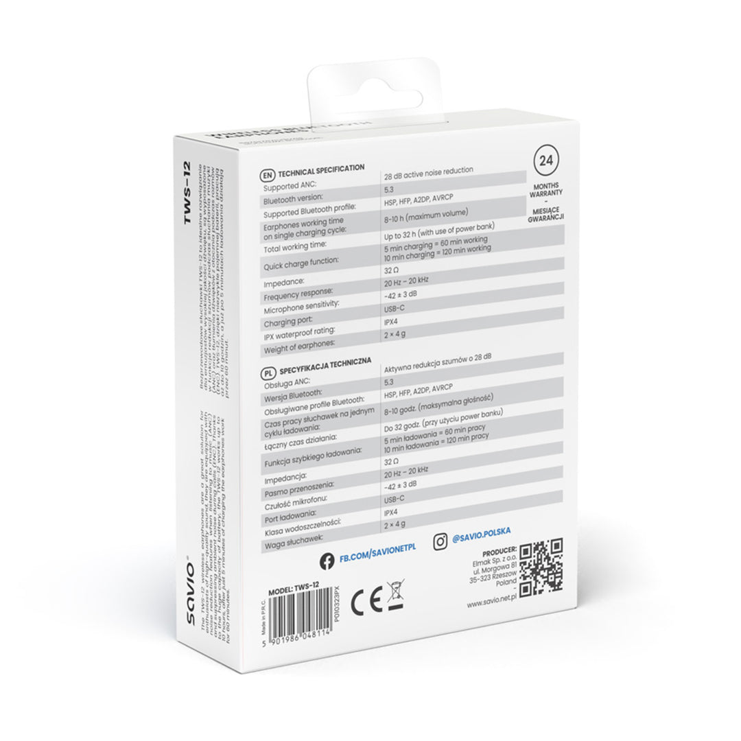 Savio trådlösa hörlurar, Bluetooth 5.3, ANC, USB-C, svart