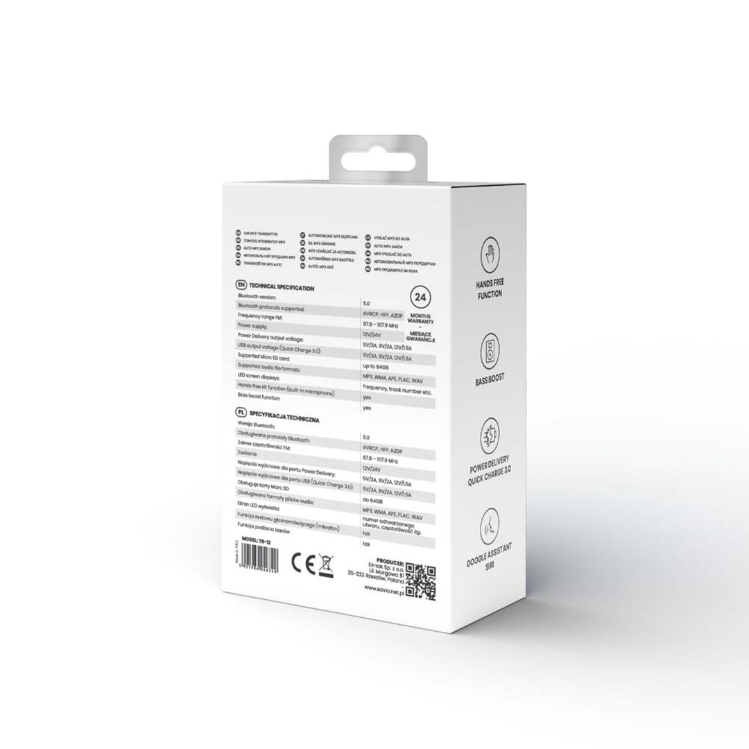 Savio MP3 bilradiosändare, Bluetooth 5.0, laddningsfunktion, svart, SAVFMTRANSTR-12