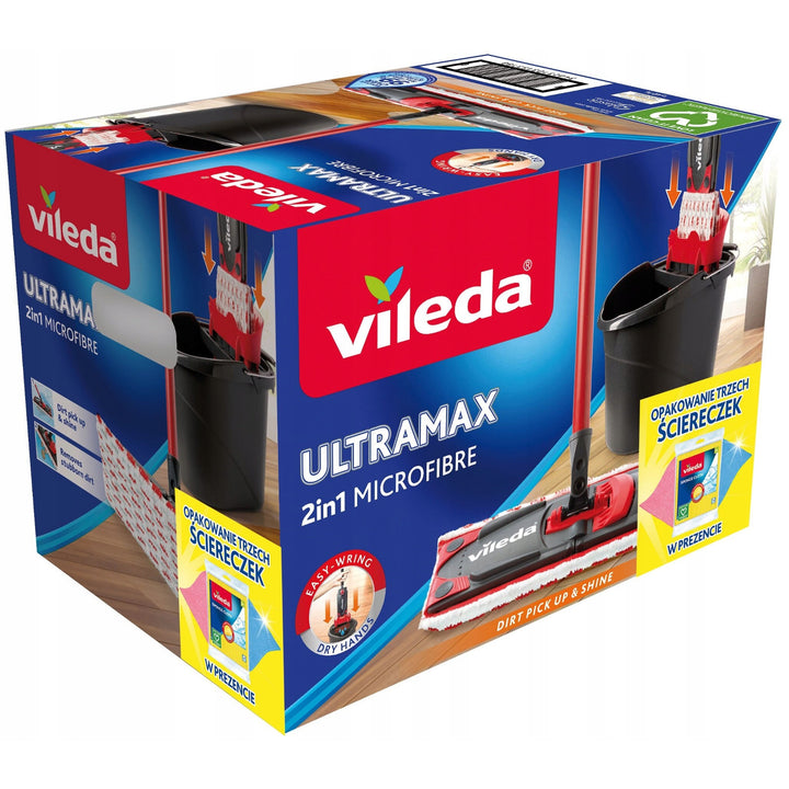 Vileda flatmoppset + hink + 3 dukar, Ultramax BOX, beröringsfritt dräneringssystem, två typer av fibrer, 177453
