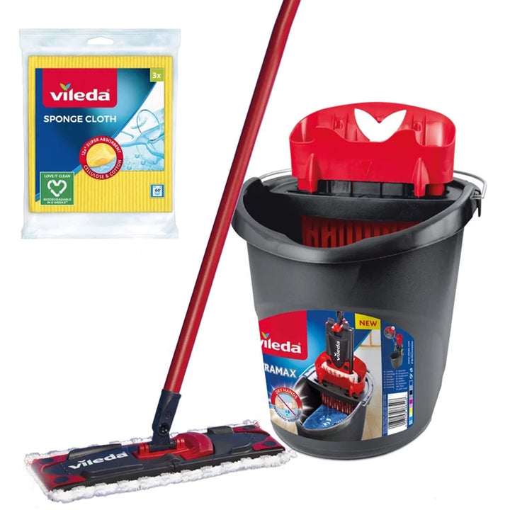 Vileda flatmoppset + hink + 3 dukar, Ultramax BOX, beröringsfritt dräneringssystem, två typer av fibrer, 177453