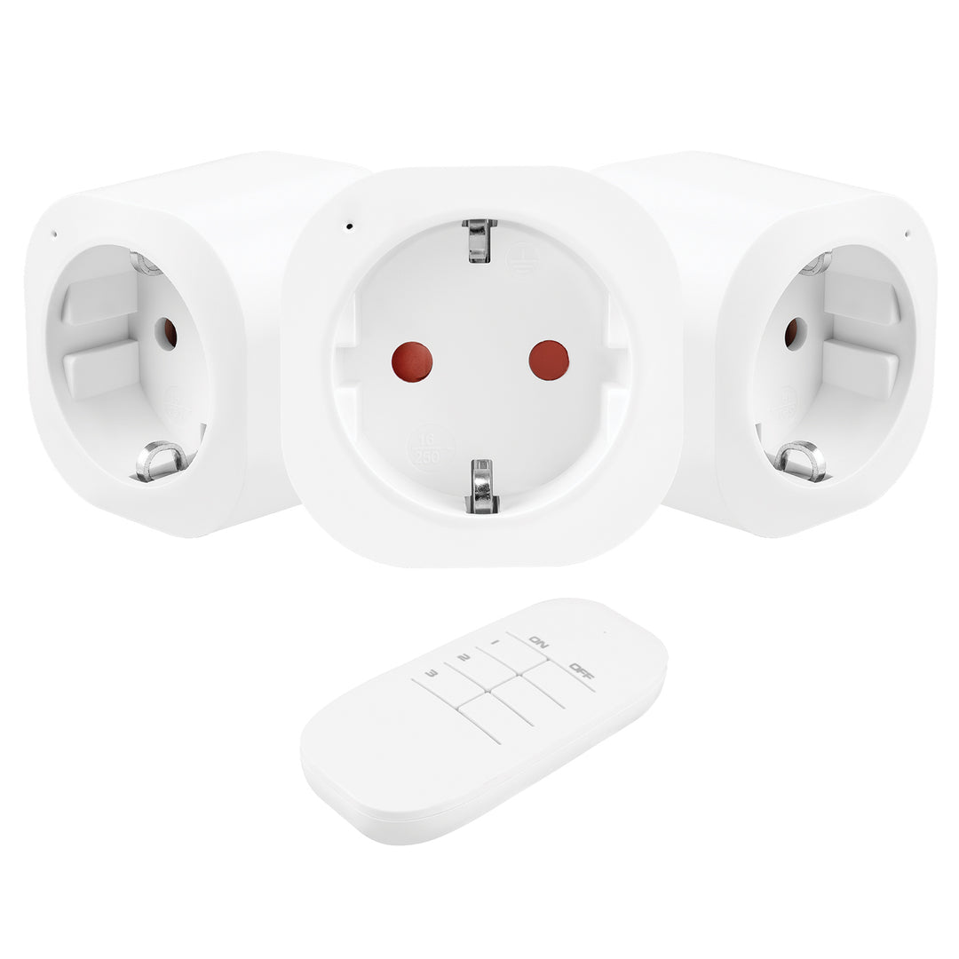 GreenBlue fjärrstyrda eluttag, 3 st, programmerbara, räckvidd upp till 30 m, 220–240 V AC, 50/60 Hz, 16 A, 433 MHz, GB313 F