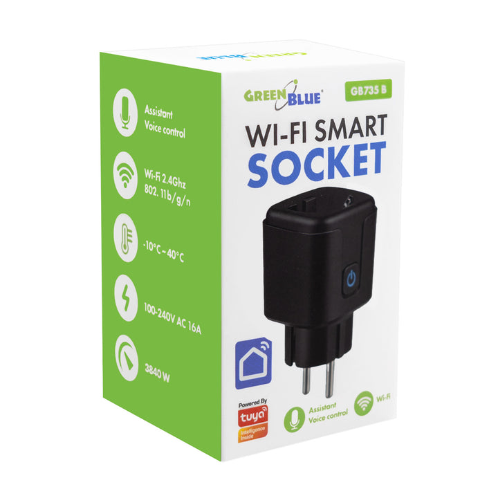 GreenBlue WiFi-styrd eluttag, Android/iOS/Alexa/Google Home, timer, effektmätare, max 16 A/3840 W, GB735 B