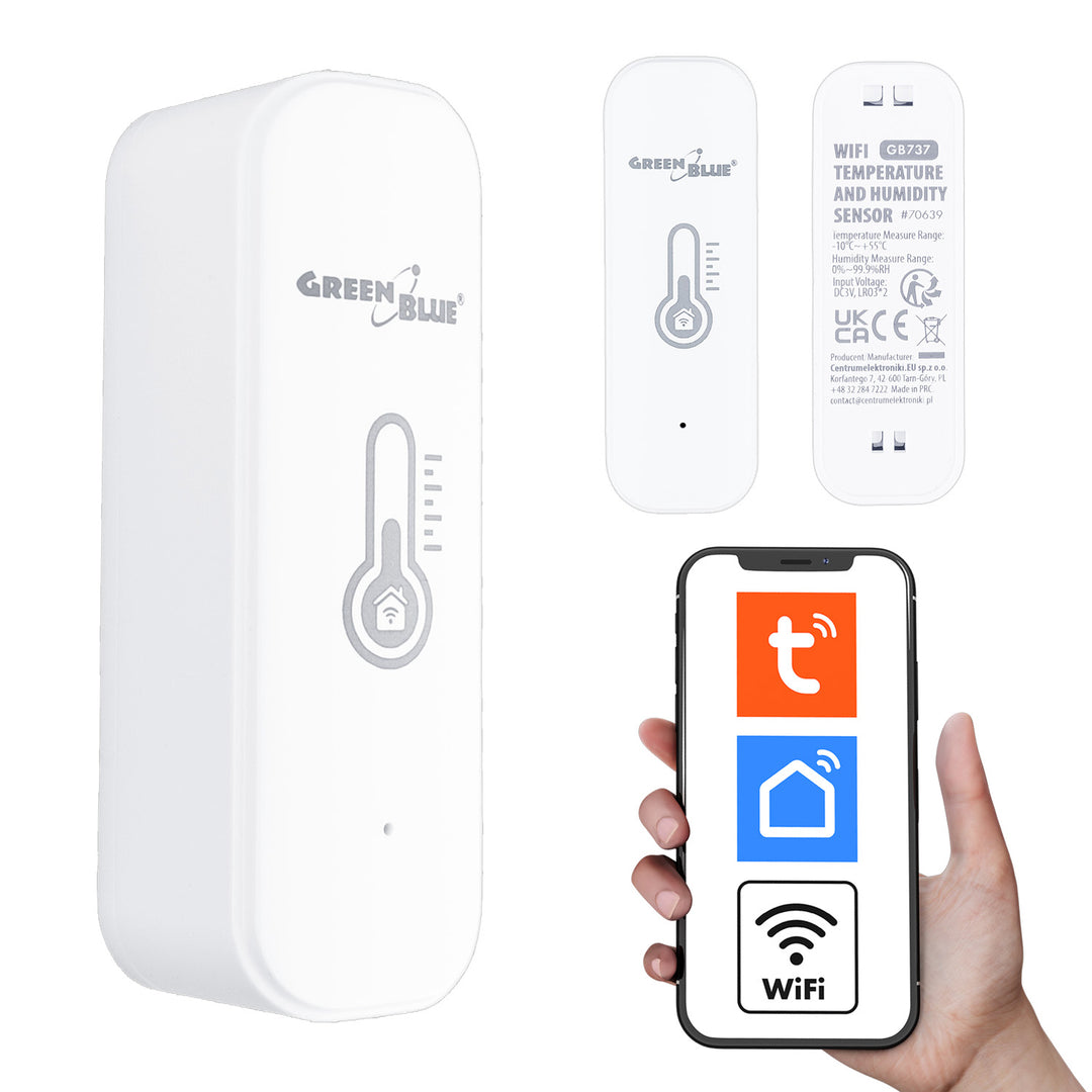 GreenBlue WiFi-sensor för temperatur och luftfuktighet, Android/iOS/Alexa/Google Home, 3,0 V DC, LR03x2, GB737