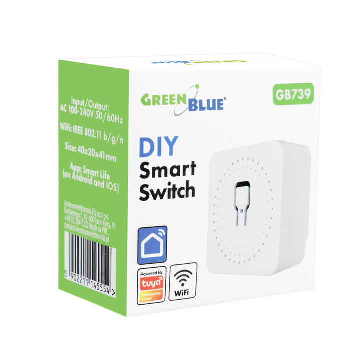 GreenBlue WiFi-relä för infälld montering, Android/iOS/Alexa/Google Home, 100–240 V växelström, 50/60 Hz, max. 16 A, för LED 150 W, GB739