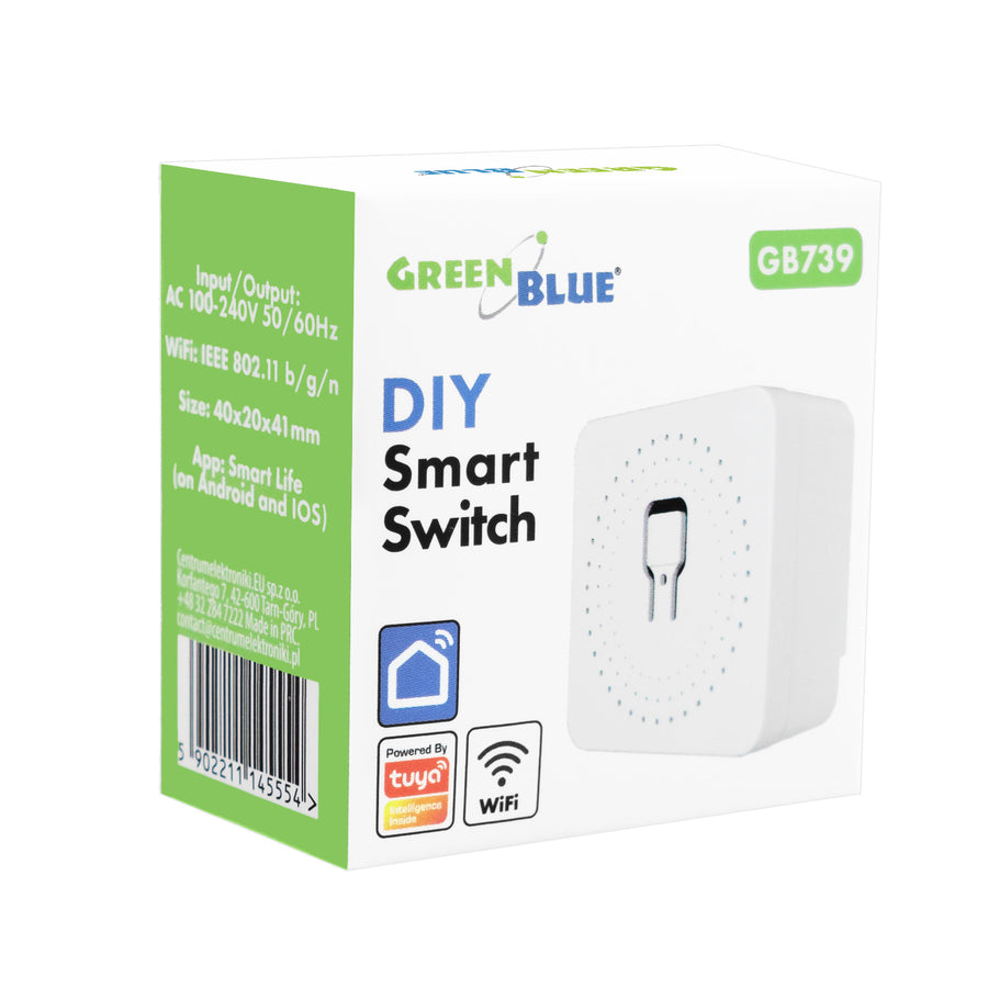 GreenBlue WiFi-relä för infälld montering, Android/iOS/Alexa/Google Home, 100–240 V växelström, 50/60 Hz, max. 16 A, för LED 150 W, GB739