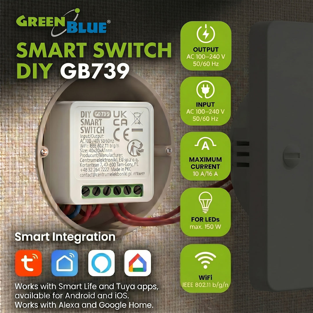 GreenBlue WiFi-relä för infälld montering, Android/iOS/Alexa/Google Home, 100–240 V växelström, 50/60 Hz, max. 16 A, för LED 150 W, GB739